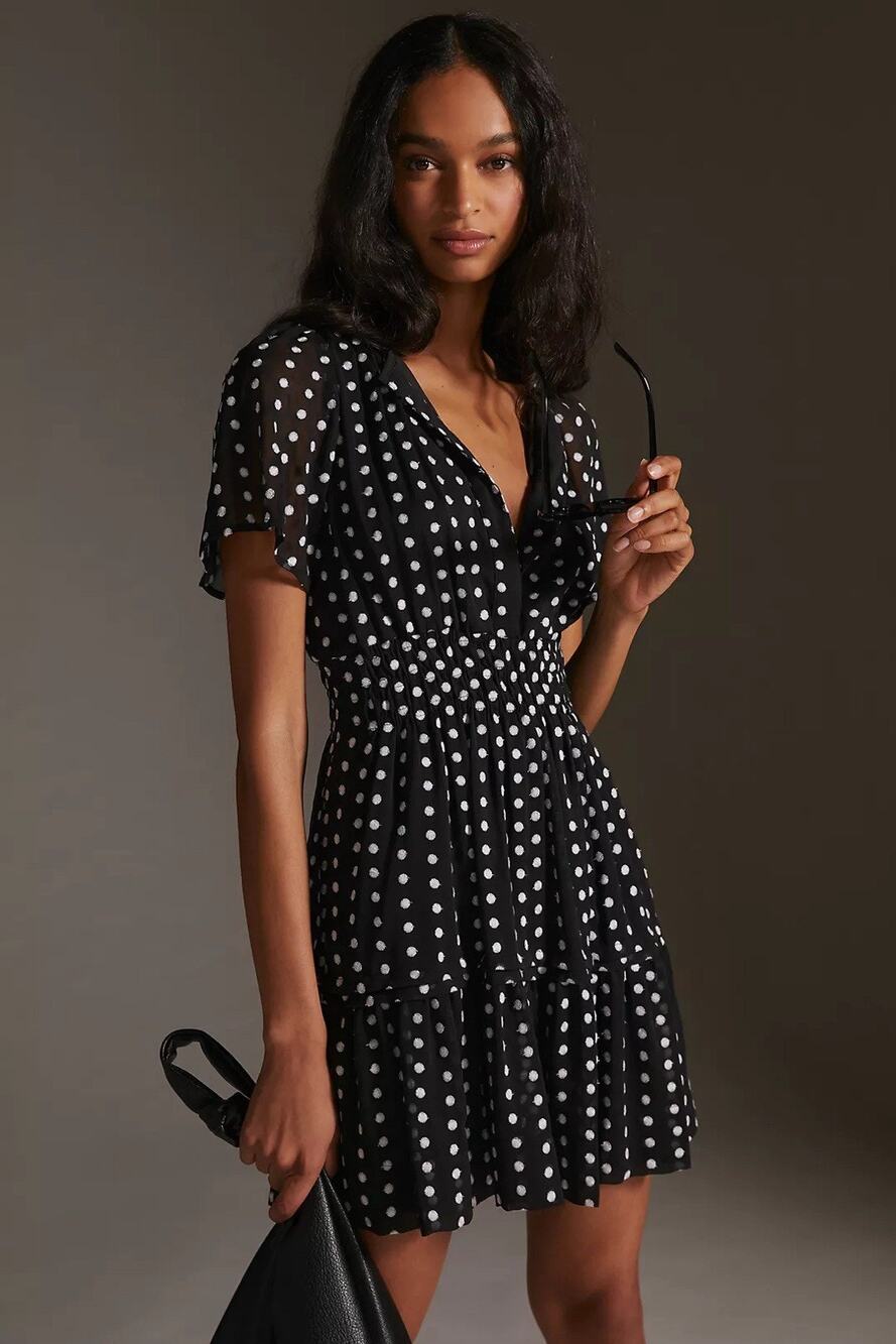 Anthropologie The Somerset Chiffon Mini Dress Black White Embroidered Smocked XL